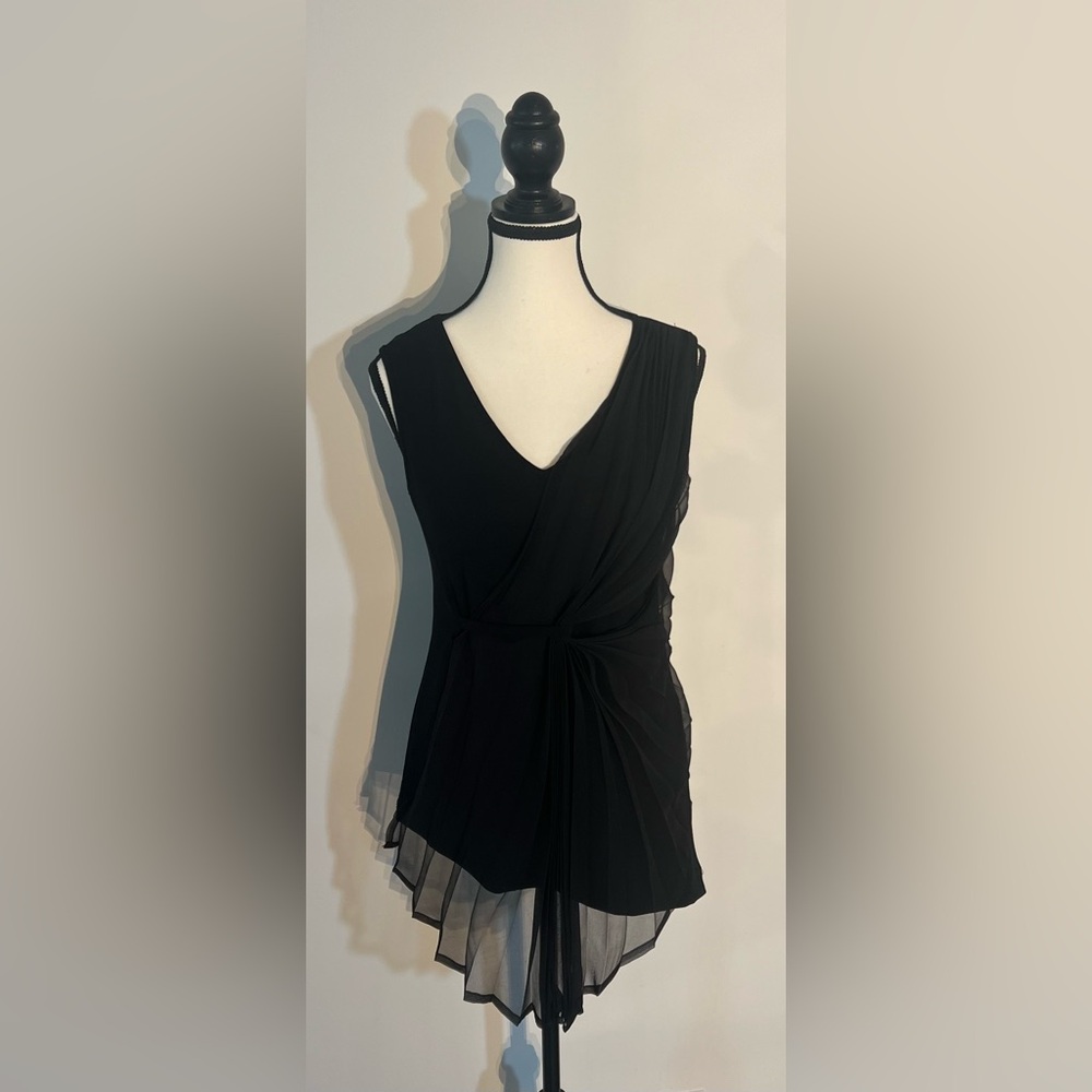Komarov asymmetrical cut top with sheer chiffon overlayed pleated details size S